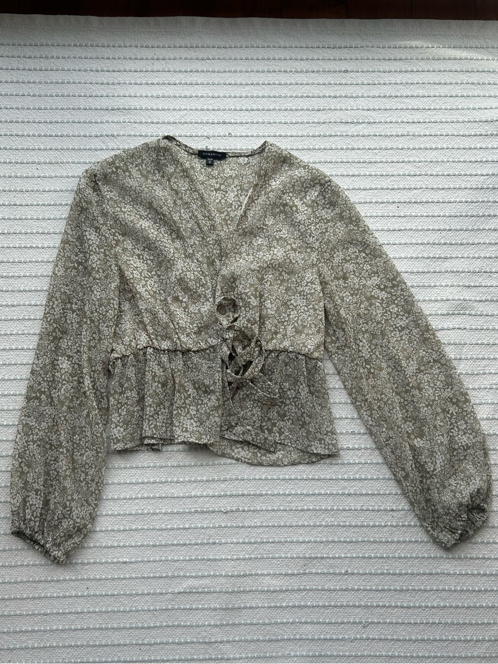 Dynamite Cream & Olive Floral Tie-Front Peplum Blouse